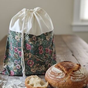 Cream Floral Rose Bread Bag, Two Fabric Cotton Reusable Sourdough Storage